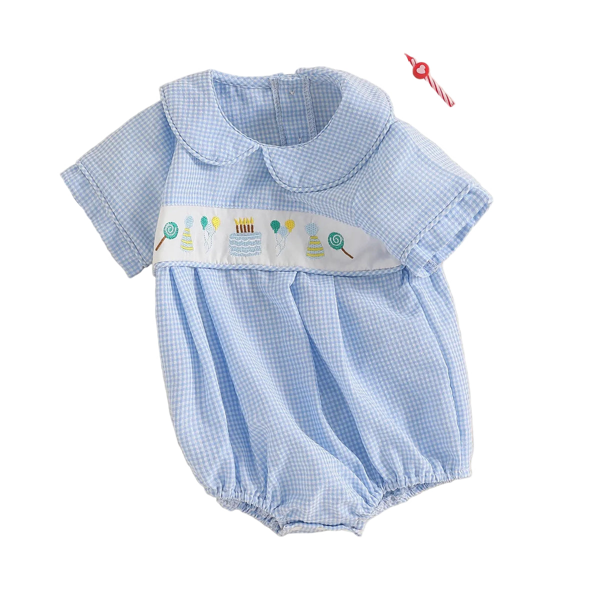 Blue checkered baby romper with a decorative belt on a beige background