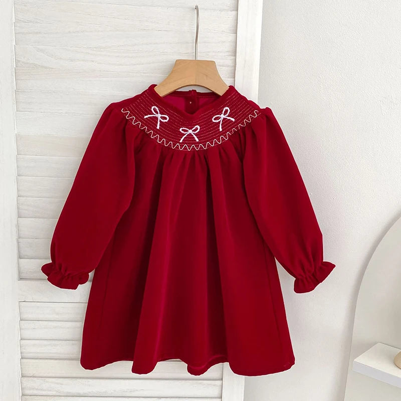 Bow-Licious Holiday Red Smocked Dress - Lantern-Style Sleeves