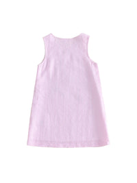 Pink seersucker sleeveless dress for girls, back-to-school style, knee-length.