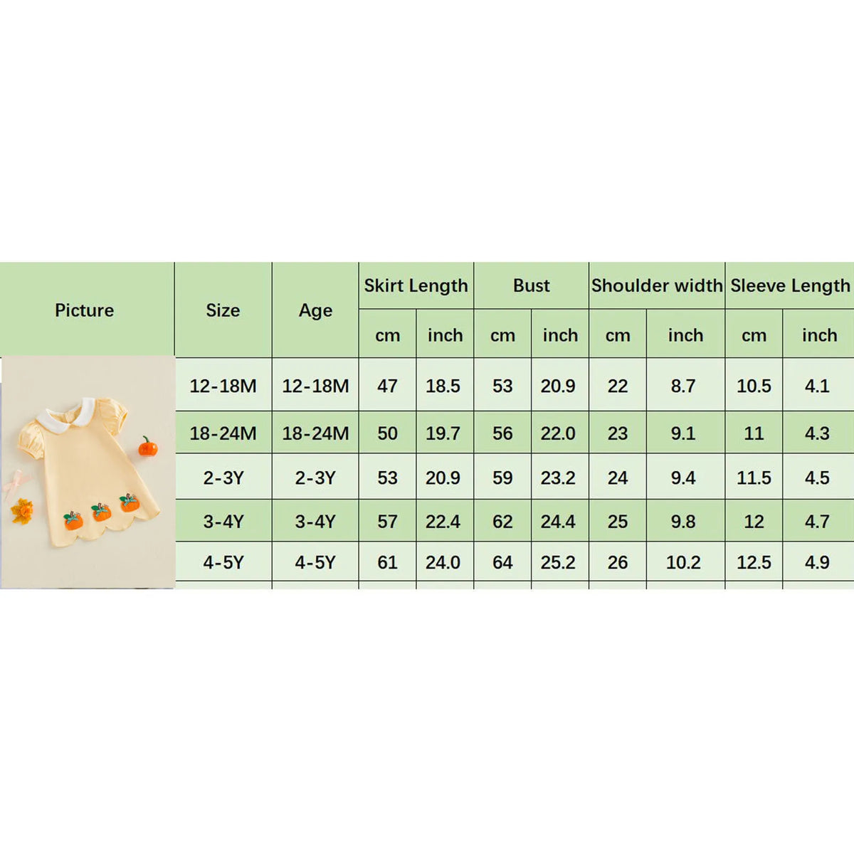 A size chart table for a baby dress, showing measurements in centimeters and inches for skirt length, bust, shoulder width, and sleeve length across sizes 12-18M, 18-24M, 2-3Y, and 3-4Y. A small photo of the dress appears in the left column.