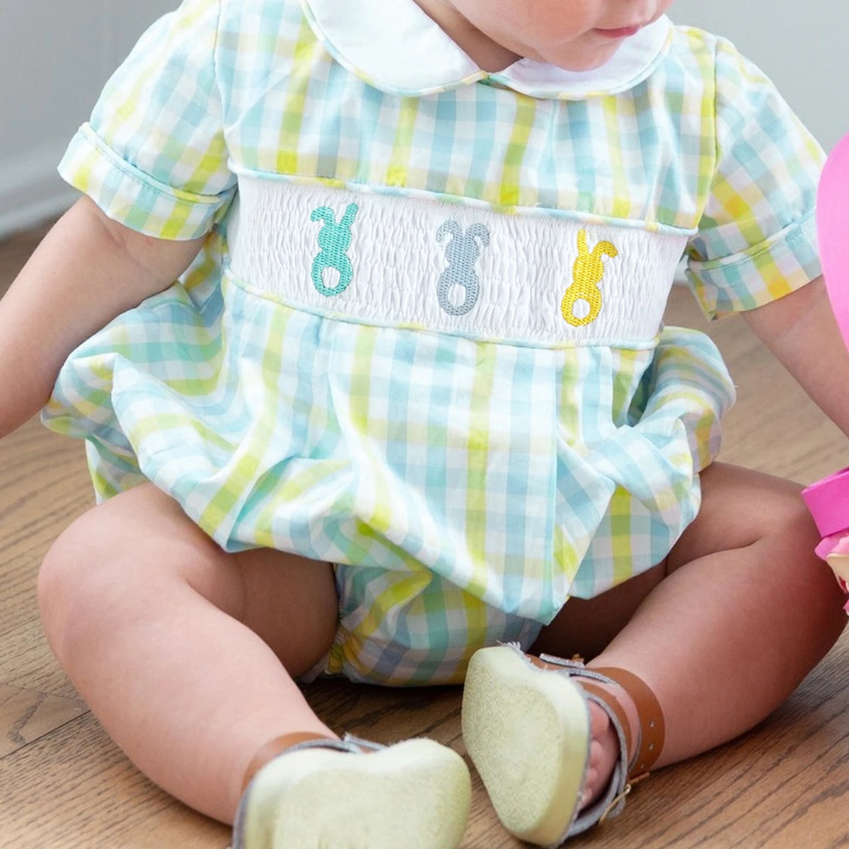 Hoppin' Good Time Plaid Peter Pan Collared Bubble With Bunny Smocking - The Palm Beach Baby Estimated 14 - 20 Day Shipping