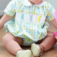 Hoppin' Good Time Plaid Peter Pan Collared Bubble With Bunny Smocking - The Palm Beach Baby Estimated 14 - 20 Day Shipping