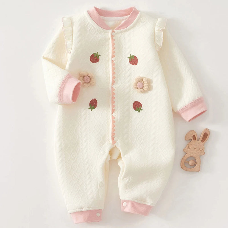 Adorable Little Flowers Babies Knitted Romper with strawberry designs and flower appliques, perfect for fashion-forward babies.