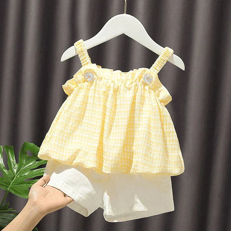 "Katie" Cotton Summer Shorts Set - Lightweight Yellow Plaid Top & White Shorts for Girls - The Palm Beach Baby