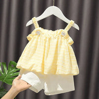 "Katie" Cotton Summer Shorts Set - Lightweight Yellow Plaid Top & White Shorts for Girls - The Palm Beach Baby