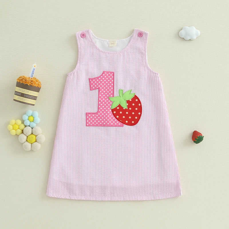 'Strawberry Girl's First Birthday' A-Line Dress featuring the number 1 and a strawberry applique, perfect for a stylish first birthday celebration.