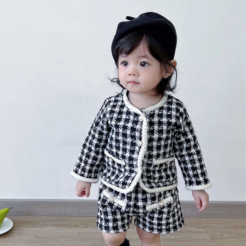 Chic Two-Piece Tweed Shorts and Coat Set - Black and White