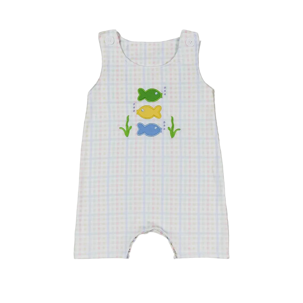 Pastel plaid baby romper with three colorful fish appliqués and shoulder snaps.