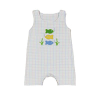 Pastel plaid baby romper with three colorful fish appliqués and shoulder snaps.