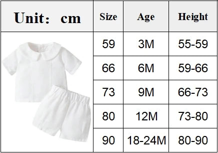 White boys 2-piece baptism set with Peter Pan collar. Combed cotton size chart showing measurements in cm for 3 to 24 months.