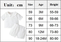 White boys 2-piece baptism set with Peter Pan collar. Combed cotton size chart showing measurements in cm for 3 to 24 months.