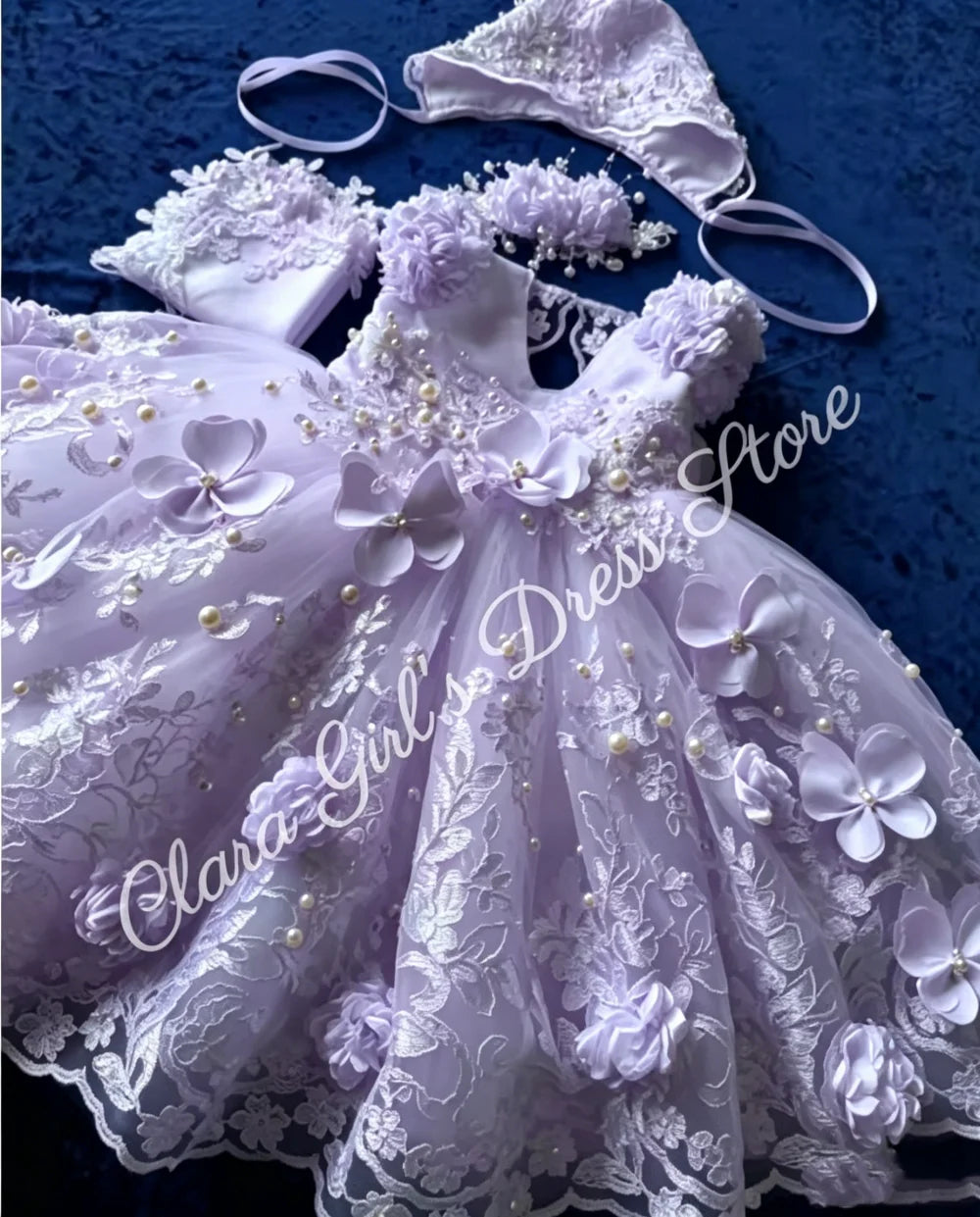 Eden Beaded Lace Appliquéd Special Occasion Long Gown Matching Bonnet