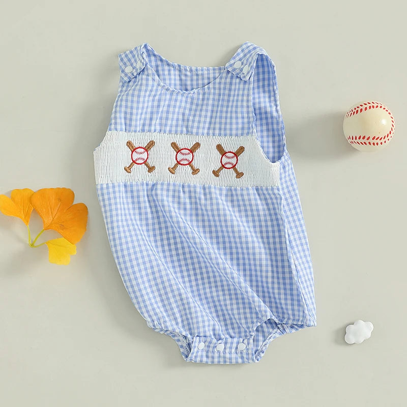 Side view of the "Ball Four" checked bubble romper in blue, designed for active kids, with playful embroidered baseballs.