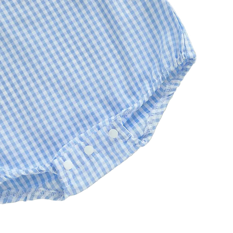 Blue gingham baby bubble romper with snaps along the stride and elastic leg openings.