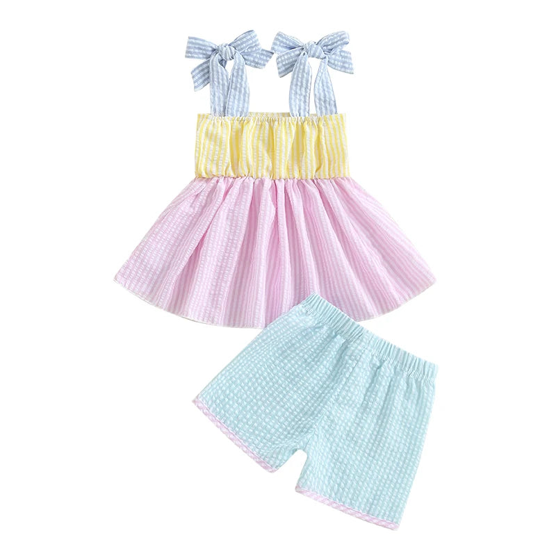 Sweet in Sun Seersucker 2 PC Shorts Set featuring a colorful striped sundress with matching shorts, perfect for stylish summer outings for girls aged 6 months to 4 years.