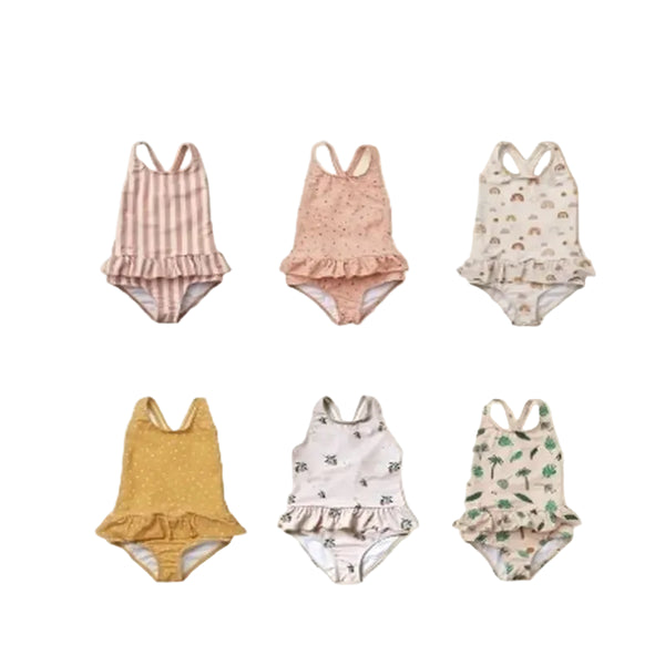 Six frilly prints sun-protective girls' one-piece swimsuits with crisscross backs in quick-drying fabric.