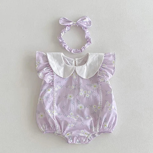 Vintage Outfits for little girls, featuring a lavender romper with a white collar and a coordinating hairband.
