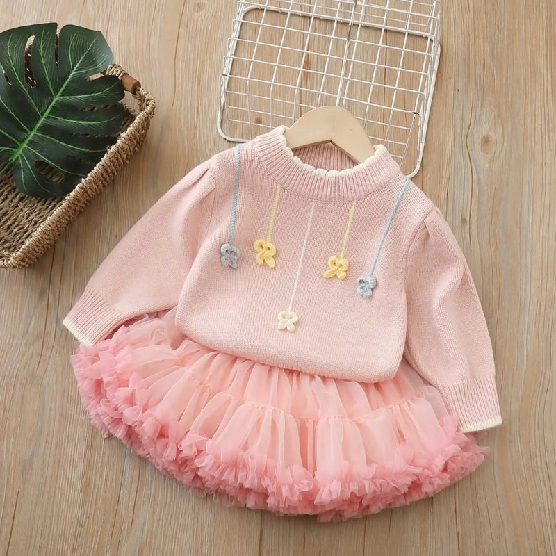 Little flowers Fluffy Tulle Skirt 2 PC Outfits  -  3 Colors