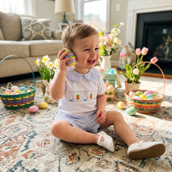 Hoppin' Great Time Seersucker Easter Bunny 2 PC Outfit - Embroidered Top - The Palm Beach Baby Estimated 12 - 20 Day Shipping