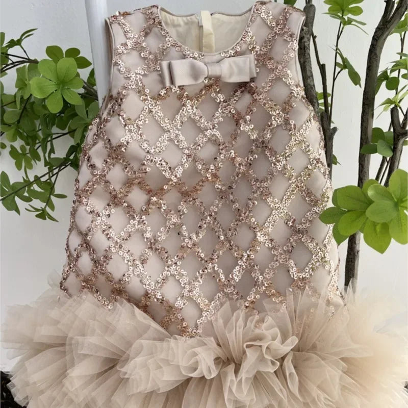 "Isabella" Elegant Sequined Dress For Little Girls - A-Line With Ruffled Tulle Hem - 2 Colors - The Palm Beach Baby
