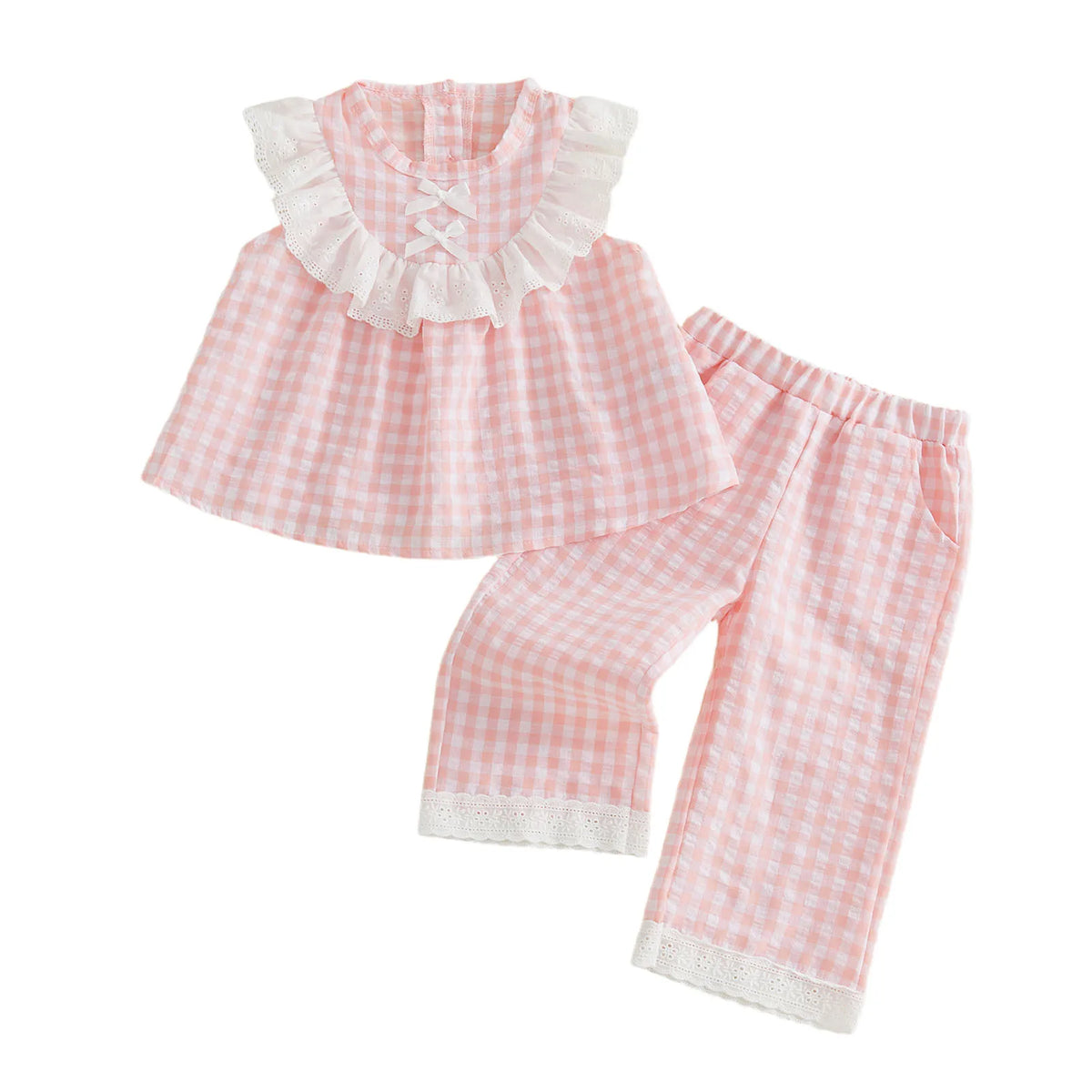 Eyelet and Checks 2-Piece Pant Set in Palm Beach pink; pink gingham top with lace ruffle and bow, matching pants.