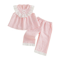 Eyelet and Checks 2-Piece Pant Set in Palm Beach pink; pink gingham top with lace ruffle and bow, matching pants.
