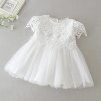 Beatrice Ann elegant white lace dress for little girls with appliqué bodice, lantern sleeves, full tulle skirt.