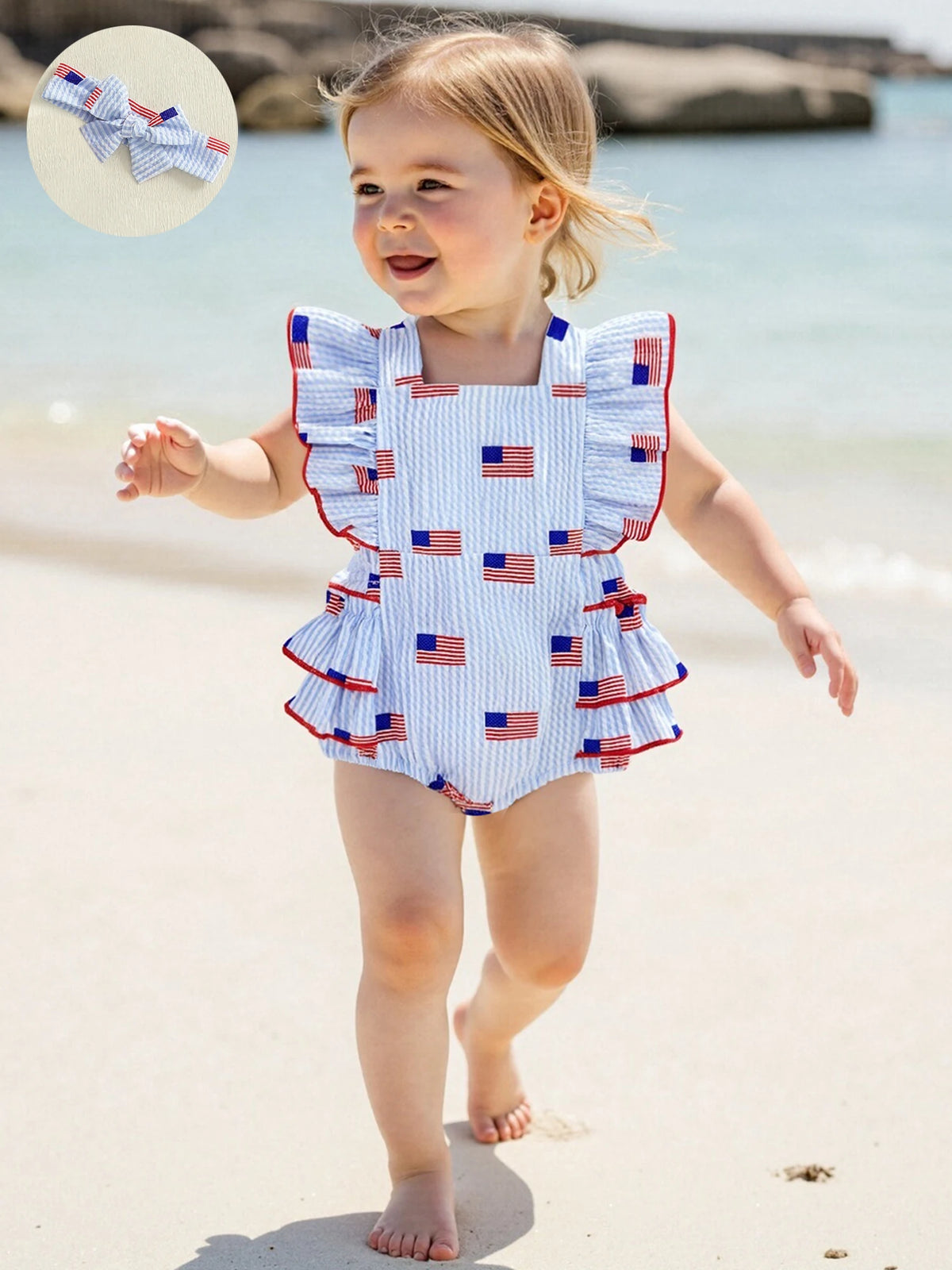 Independence Day Seersucker Splash Flag Print Baby Outfit - The Palm Beach Baby Estimated 12 - 19 Day Shipping