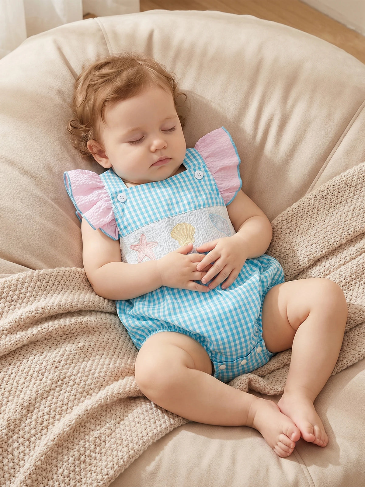 Take Me Out To Seashore Romper: baby to toddler, blue gingham with pink flutter sleeves and sea creatures embroidery.