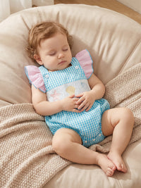 Take Me Out To Seashore Romper: baby to toddler, blue gingham with pink flutter sleeves and sea creatures embroidery.