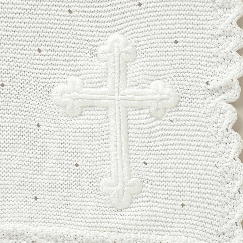 White cotton knit baby baptism christening blanket with crocheted cross, 100 x 80 cm, lightweight with crochet edging.
