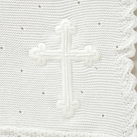 White cotton knit baby baptism christening blanket with crocheted cross, 100 x 80 cm, lightweight with crochet edging.