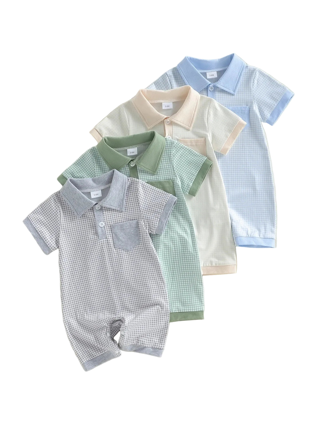 Colton Polo Boys Plaid Knit Romper with pocket detail, turn-down collar, short sleeves in nature-inspired colors