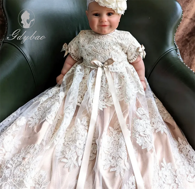 "Magdeline-Marie" Heirloom Satin Lace Baptism Gown