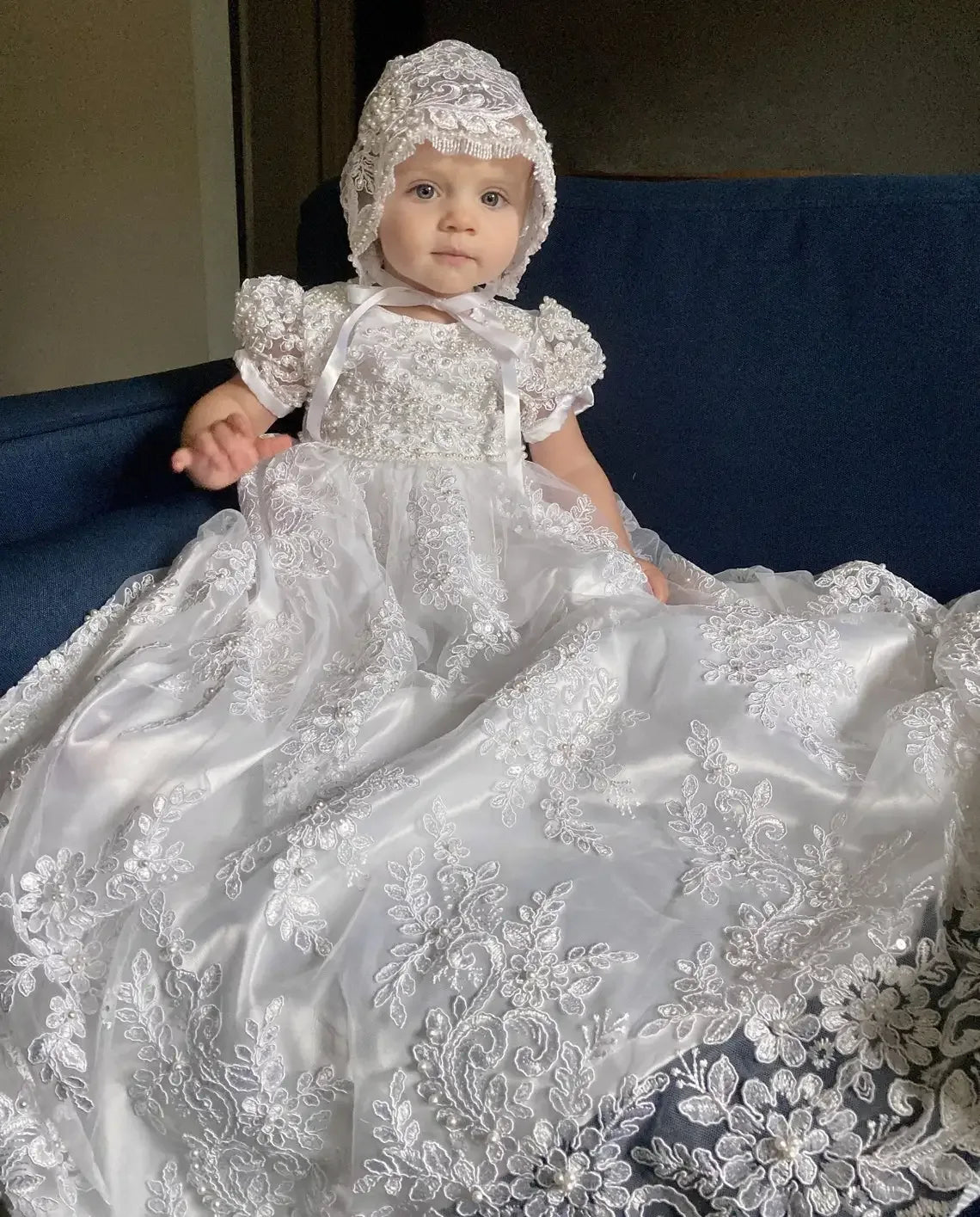 Ava Lace Christening Gown - Elegant Heirloom Design with Appliques & Puff Sleeves - 2 Colors - The Palm Beach Baby