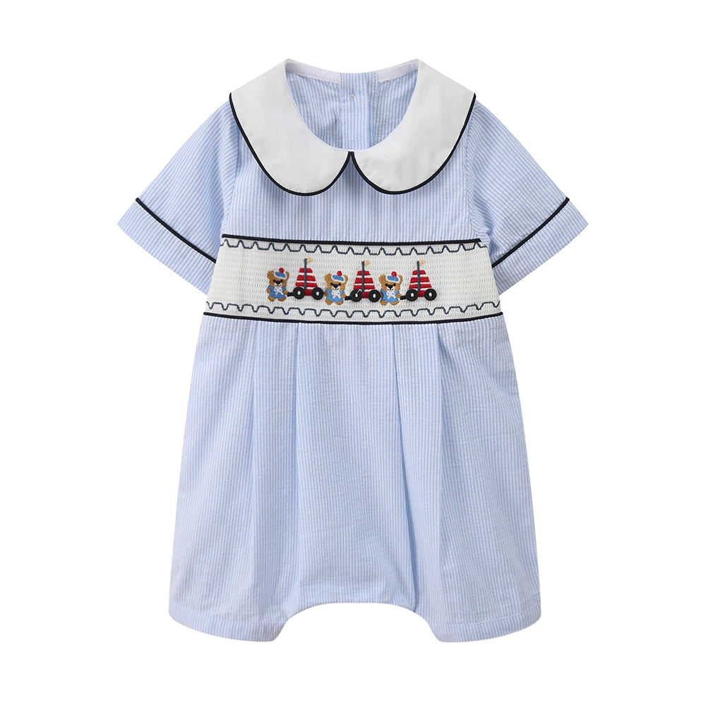 Teddy Bear and Stripe Seersucker Romper - Soft, Stylish & Perfect for Summer Adventures - The Palm Beach Baby The Palm Beach Baby