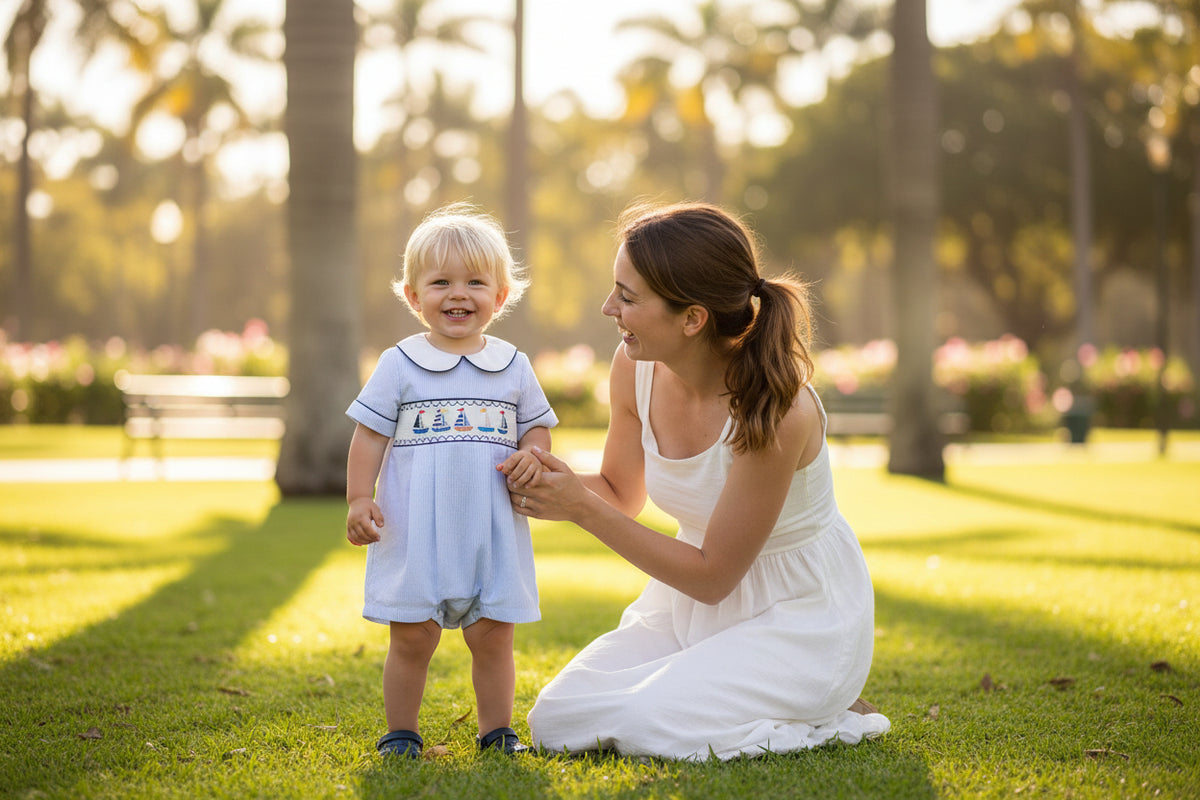 Teddy Bear and Stripe Seersucker Romper - Soft, Stylish & Perfect for Summer Adventures - The Palm Beach Baby The Palm Beach Baby