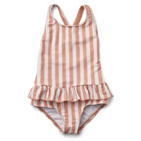 Pink-and-white striped sun-protective girls' one-piece swimsuit with frilly skirt and crisscross back straps.