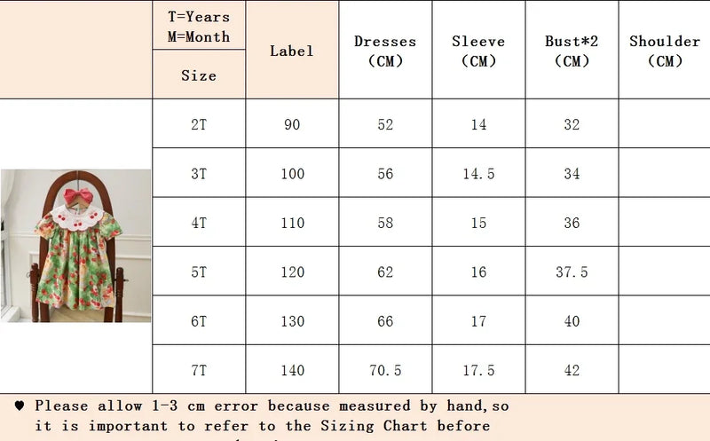 Size chart for A Very Cherry Day Embroidered Dress, providing measurements for the cherry print dress and guidance on selecting the perfect fit.
