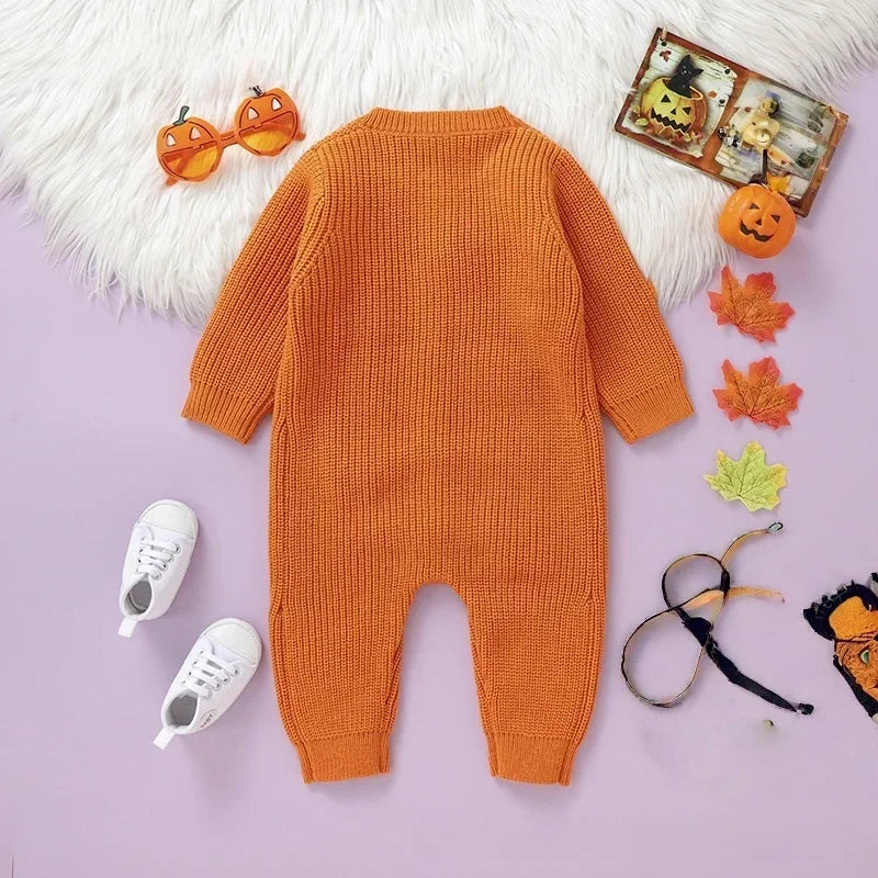 Fall Baby Cozy Knitted Romper - 3D Pumpkins