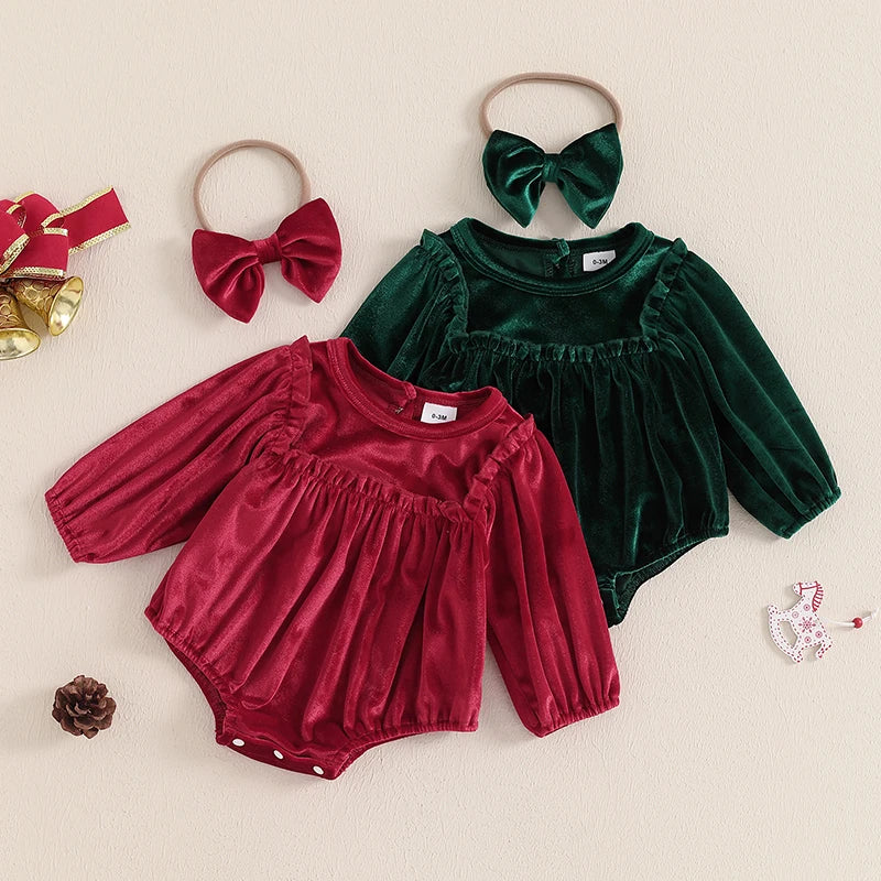 Velvet and Frills Holiday Baby Bubble Set in red and green, featuring soft velvet fabric and stylish frills, perfect for festive occasions.