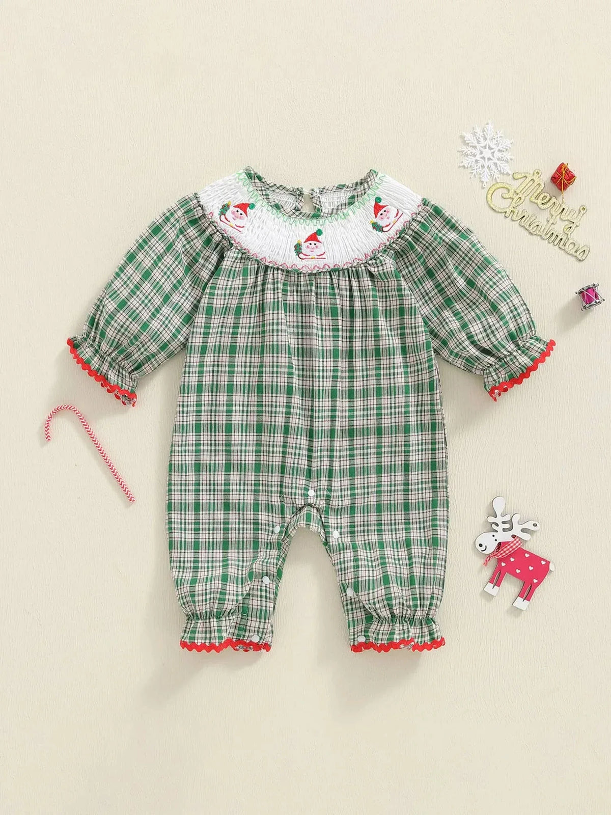 "Tartan Santa" Long Sleeve Baby Smocked Bubble Romper - The Palm Beach Baby