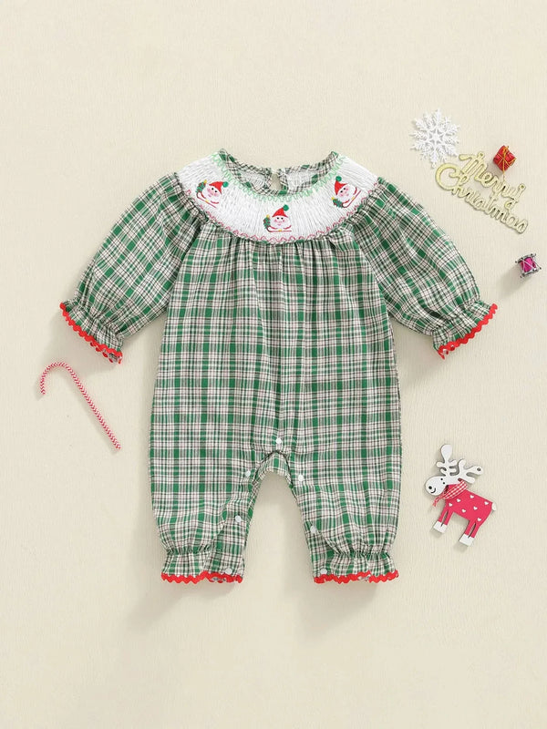 "Tartan Santa" Long Sleeve Baby Smocked Bubble Romper - The Palm Beach Baby