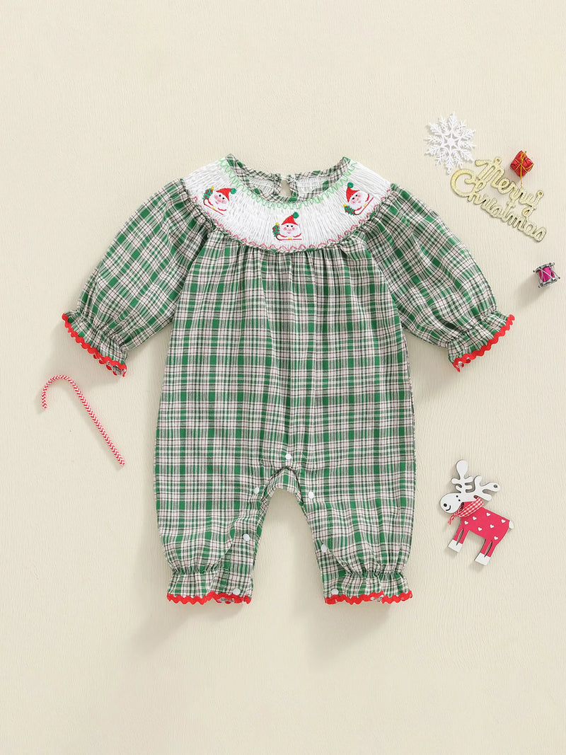 "Tartan Santa" Smocked Long Sleeve Bubble Romper