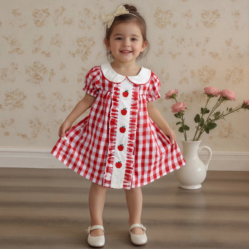 "An Apple a Day" Embroidered Checked Dress