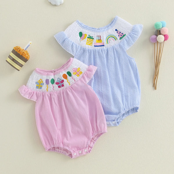 Blue or Pink Stripe seersucker birthday rompers; embroidered balloons and gifts; newborn–18 mo; flutter sleeves; snaps.