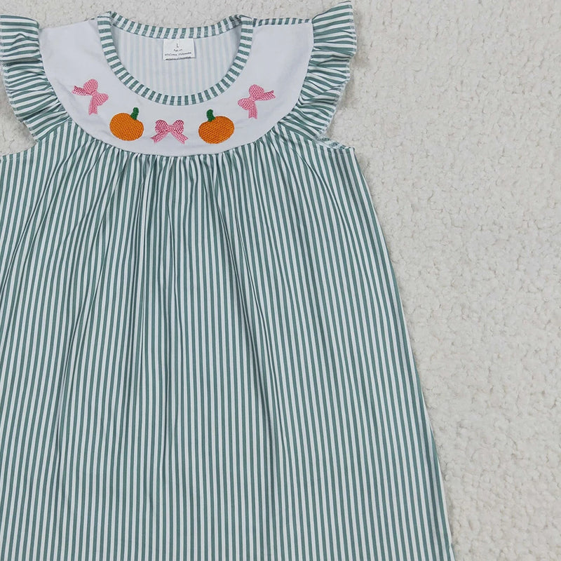 Pumpkin and Bows Embroidered Green Stripe Dress