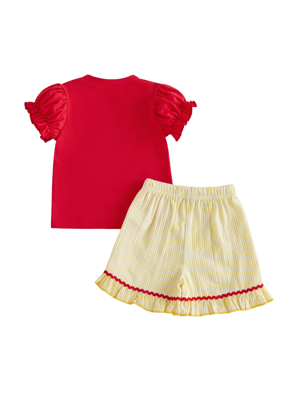 Red puff-sleeve top with yellow striped seersucker shorts for toddler girls, frilly accents.