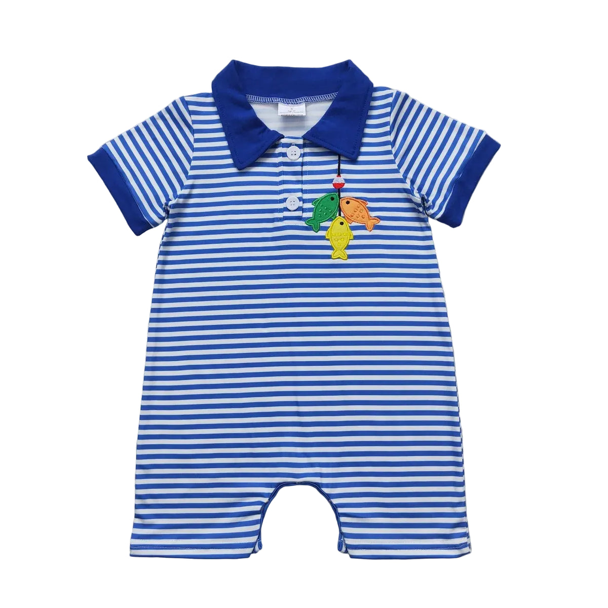 Summer Daze striped romper for babies and toddlers with blue polo collar and colorful fish embroidery.