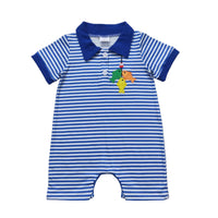 Summer Daze striped romper for babies and toddlers with blue polo collar and colorful fish embroidery.